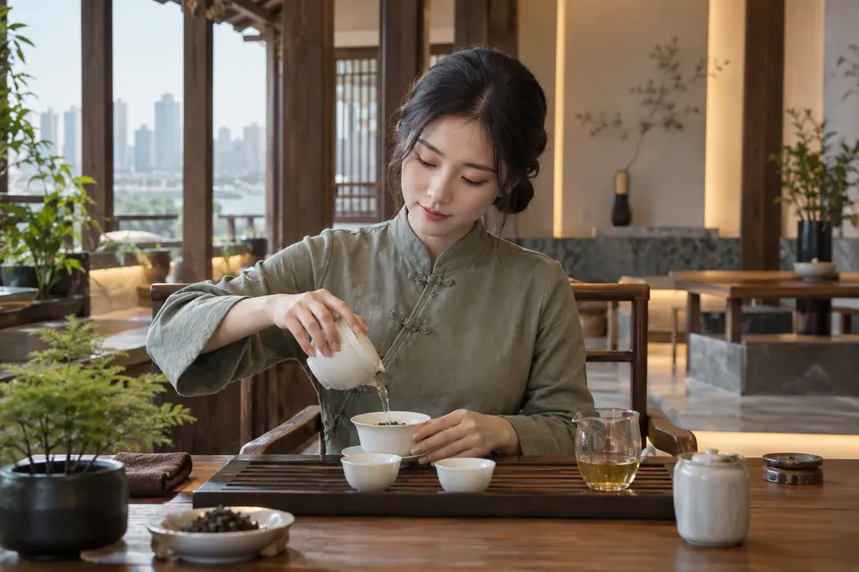 新中式茶席上使用盖碗冲泡的场景