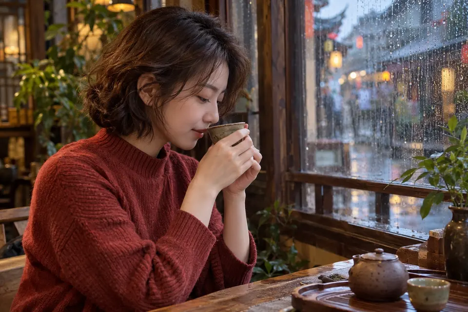 雨天窗边用陶杯闻香品茶